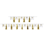 The Happy Birthday Tassel Streamer is made of alternating white cardstock cutouts with gold foil lettering and metallic gold tassels. Each package contains 2 pieces. Can be used seperately or combined to create one streamer.