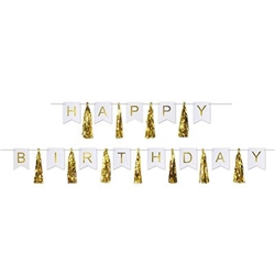 The Happy Birthday Tassel Streamer is made of alternating white cardstock cutouts with gold foil lettering and metallic gold tassels. Each package contains 2 pieces. Can be used seperately or combined to create one streamer.