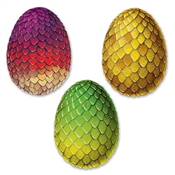 The Dragon Egg Cutouts are made of cardstock and printed on two sides. They measure 17 inches tall and 12 1/2 inches wide. Contains three (3) per package.