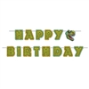 The Birthday Dinosaur Streamer is made of cardstock and measures 6 inches wide and 10 feet long. Happy Birthday is written in green lettering that resembles dinosaur scales. One cord and 14 cards per package. Simple assembly required.
