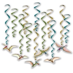 Dinosaur Whirls are colorful hanging decorations featuring realistic printed Pterodactyl birds on card stock icons, suspended on bright color foil ribbons. 6 printed birds and 12 foil ribbons per package. Whirls measure 17 to 32 inches long when displayed