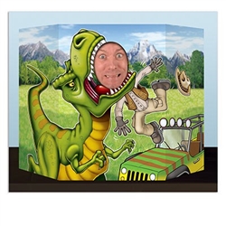 The Dinosaur Photo Prop depicts a mean looking T-Rex with an open mouth. Inside that open mouth is a cut out area for a person to peek through and appear as though they are about to be eaten. Made of card stock and designed to stand on a table top.