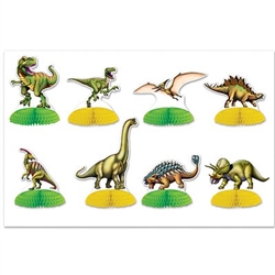 The Dinosaur Mini Centerpieces are made of cardstock with a tissue base. Printed two sides. Sizes range in measurement from 4 inches to 6 1/4 inches. Completely assembled, open round. Contains 8 per package.