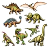 The Dinosaur Cutouts contains 8 different dinosaurs. They are made of cardstock and printed on two sides. Sizes range in measurement from 10 inches to 19 inches. Contains 8 pieces per package.