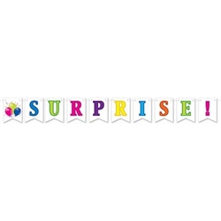 The Surprise! Streamer is made of cardstock printed on one side. Each package includes 1 cord (12 ft) and 10 cards (4 1/2 in by 6 in). Surprise is in vibrant colored letters with an exclamation mark and a card with balloons. Assembly required. 1 per pack.