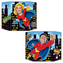 Everybody can be a super hero with the Hero Photo Prop. Printed on both sides of card stock material, this photo prop features a male super hero on one side and a female super hero printed on the other. Contains one prop per package.