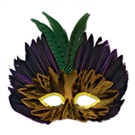 Protect your identity this holiday behind the Mardi Gras Feathered Mask with its purple, black and green feathers,