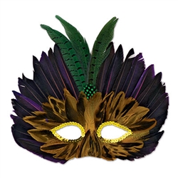 Protect your identity this holiday behind the Mardi Gras Feathered Mask with its purple, black and green feathers,