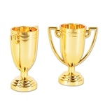 These mini Trophy Cups are the perfect party favor for any type of party. They are made of plastic, but still carry that gold color that is synonymous with champion. Each trophy measures 2 1/4 inches by 2 3/4 inches and come eight per package.
