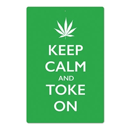 The Keep Calm and Toke On Sign is green with white lettering and it even features the cannabis leaf above the lettering. It measures 13.5 inches wide by 20.25 inches tall and just a couple tacks or pieces of tape will keep this sign up on the wall.