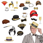 Get loud at your 1920s party and take some awesome photos with our Great 20's Photo Fun Signs. Some of the signs include a fancy hat, a cup of coffee and a classic mustache. There are a total of 12 pieces, with each measuring from 6.25 inches to 11 inches