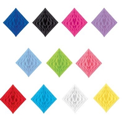 The Tissue Diamond decoration allows you to add a pop of color anywhere! Available in a multitude of solid colors, simple open  to expose the honeycomb tissue. Open halfway, to attach to a wall, or open fully to hang with the attached string. 12.5 by 12