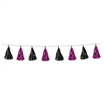 Our Metallic Tassel Garland in cerise and black create an appealing, elegant color combination. The garland measures 8 feet long and features twelve metallic tassels, each alternating in color between black and cerise. One garland per package.