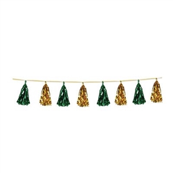 The Metallic Tassel Garland - Green & Gold measures 8 long and contains 12 tassels. Each tassel measures approximately 9 inches long. One per package.