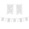 Celebrate a recent engagement or decorate for your anniversary by hanging this Die-Cut Mr & Mrs Pennant Banner. The white pennants say "Mr & Mrs" on them, along with an elegant, unique design. The entire banner measures 12 feet and comes one per package.