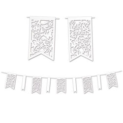 Celebrate a recent engagement or decorate for your anniversary by hanging this Die-Cut Mr & Mrs Pennant Banner. The white pennants say "Mr & Mrs" on them, along with an elegant, unique design. The entire banner measures 12 feet and comes one per package.
