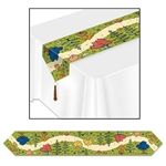 Whimsical woodland images of flowers, trees and mushrooms adorn this glossy paper table runner. Measuring 11 inches wide and 72 inches long it will highlight the center of your tables. A brown tassel is attached to each end of the runner.