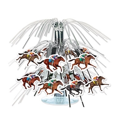 Decorate for derby day or a horse racing party with this Horse Racing Mini Cascade Centerpiece. The metallic silver strings have horses and jockeys at the end, giving it a neat look.  It measures 7.5 inches and comes one centerpiece and stand per package.