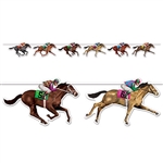 Get ready for derby day by decorating your home or race track with this Horse Racing Streamer. This streamer features jockeys and horses racing along a streamer that measures six feet long! Comes one Horse Racing Streamer per package.