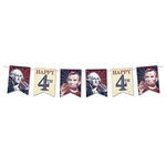This 4th of July streamer features printed cardstock pennants depicting President's Lincoln and Washington, along with Happy 4th. Each pennant measures 9 by 7 and are printed on one side. Simple assembly required. Streamer measures 6 feet in length.