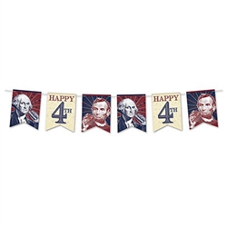 This 4th of July streamer features printed cardstock pennants depicting President's Lincoln and Washington, along with Happy 4th. Each pennant measures 9 by 7 and are printed on one side. Simple assembly required. Streamer measures 6 feet in length.