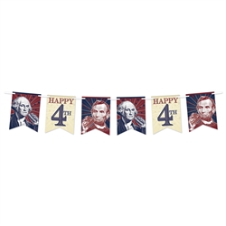 This 4th of July streamer features printed cardstock pennants depicting President's Lincoln and Washington, along with Happy 4th. Each pennant measures 9 by 7 and are printed on one side. Simple assembly required. Streamer measures 6 feet in length.