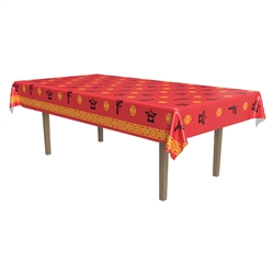 The Asian Tablecover is perfect for an international theme party! It is bright red and decorated with black and gold Asian symbols and a beautiful gold border. Made of thin plastic and measures 54 in by 108 in. One per package