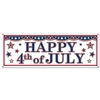 The 4th Of July Sign Banner is made of an all-weather plastic material and measures 21 inches by 5 feet. Its red, white, and blue and reads Happy 4th of July and decorated with stars. One per package.