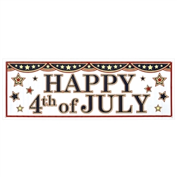 The 4th Of July Sign Banner is made of an all-weather plastic material and measures 21 inches by 5 feet. Its red, white, and blue and reads Happy 4th of July and decorated with stars. One per package.