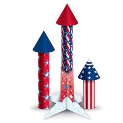 The 3-D Firecracker Centerpiece are red, white, and blue and have different designs of stars and stripes. Sizes range from 7.5 inches to 12.5 inches. Stand measures 6 inches. Made of cardstock. Contains 3 firecrackers and 1 stand per package.