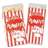 The Peanut Bags are printed with red and white stripes and read fresh PEANUTS with an image of a friendly elephant. They measure 4 inches wide by 9 1/2 inches tall by 2 inches. 50 bags per package. Allow peanuts to cool first. Silver ties included.