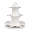 The White Cupcake Stand is made of cardstock and measures 13.5 inches tall. Has three tiers- bottom measures 12 inches, middle measures 9 inches, and the top measures 6 1/4 inches. One per package. Easily assembled.