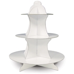 The White Cupcake Stand is made of cardstock and measures 13.5 inches tall. Has three tiers- bottom measures 12 inches, middle measures 9 inches, and the top measures 6 1/4 inches. One per package. Easily assembled.