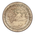 The Around The World Plates are made of tan cardstock printed with a detailed map. Measure 9 inches. Contains 8 plates per package.