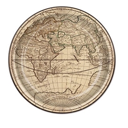 The Around The World Plates are made of tan cardstock printed with a detailed map. Measure 9 inches. Contains 8 plates per package.