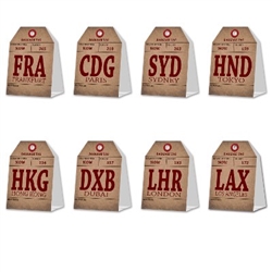 The Around The World Table Cards are made of cardstock and resemble baggage tags. Printed on the cards are the different airports around the world with an area to write each of your guests name. Measure 5 inches. Contains 8 per package.