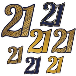 The "21" Foil Cutouts are black and gold and come in different patterns. Patterns include gold with blue outline, blue with gold outline, and gold with blue stripes. Made of cardstock. Measurements include 5.75 in, 8 in, and 11 in. 7 pieces per package