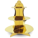 The Metallic Cupcake Stand is made of cardstock with a gold metallic foil finish. Measures 13.5 inches tall. Has 3 tiers- bottom measures 12 inches, middle measures 9 inches, and top measures 6 1/4 inches. One per package.