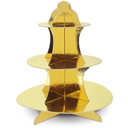 The Metallic Cupcake Stand is made of cardstock with a gold metallic foil finish. Measures 13.5 inches tall. Has 3 tiers- bottom measures 12 inches, middle measures 9 inches, and top measures 6 1/4 inches. One per package.