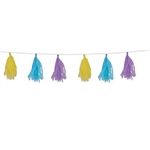 The Pastel Tissue Tassel Garland is made of tissue and is pastel yellow, light blue, and lavender colored. Measures 9 ¾ inches by 8 feet long and has 12 tassels attached. Contains one (1) per package.