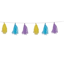 The Pastel Tissue Tassel Garland is made of tissue and is pastel yellow, light blue, and lavender colored. Measures 9 ¾ inches by 8 feet long and has 12 tassels attached. Contains one (1) per package.