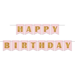 The Foil Happy Birthday Streamer is made of pink cardstock with gold foil lettering. It measures 6 inches tall and 12 feet long. Contains one streamer per package. Simple assembly required.