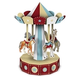 The 3-D Vintage Circus Carousel Centerpiece is made of colorful cardstock and measures 10 inches tall. Features animals as the seats including a tiger, a giraffe, a horse, and a camel. Assembly required, instructions included. One per package.