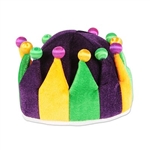 The Plush Jester Crown is purple, golden yellow, and green with contrasting fabric balls on each tip. Made of plush material and measures approx 6 inches high and has an inside circumference of approx 22 inches. One size fits most. One per pack. No return