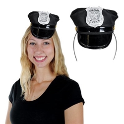 The Police Hat Headband is a black fabric hat with a silver badge that reads "Special Police" connected to a standard black headband. Hat measures approximately 4 inches high. Fits full adult head size. One size fits most. One per package. No returns.