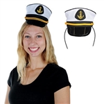 The Yacht Captain's Cap Headband is a white hat with a gold anchor displayed on the front with a black brim. Its attached to a standard black headband. Measures approx 3 in high. One size fits most. Contains one per package. No returns.