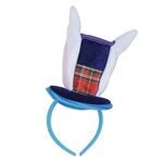 The Bunny Top Hat & Ears Headband is a navy blue top hat with two bunny ears on top of a standard headband covered with blue fabric. Its a perfect accessory to add to your Easter look or your Alice in Wonderland theme party! One size fits most. No returns