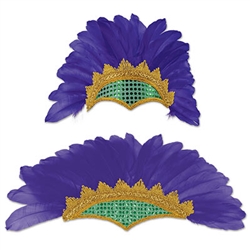 This Feathered Showgirl Headpiece instantly turns you into a Mardi Gras showgirl! It has purple feathers with an elegant gold section around green sequins.