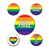 Our Rainbow Party Buttons are perfect for the occasion. One button is a rainbow, while another is a rainbow heart on a white background. The other three buttons feature the words "Love", "Pride" and "Love Is Love" atop a rainbow background. Five per pack.