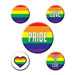 Our Rainbow Party Buttons are perfect for the occasion. One button is a rainbow, while another is a rainbow heart on a white background. The other three buttons feature the words "Love", "Pride" and "Love Is Love" atop a rainbow background. Five per pack.